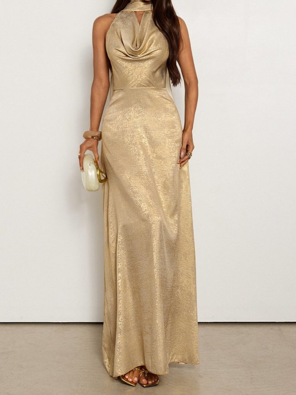 Gold Elegant Women's Cowl Neck Backless Long Dress - Picture 4 of 6
